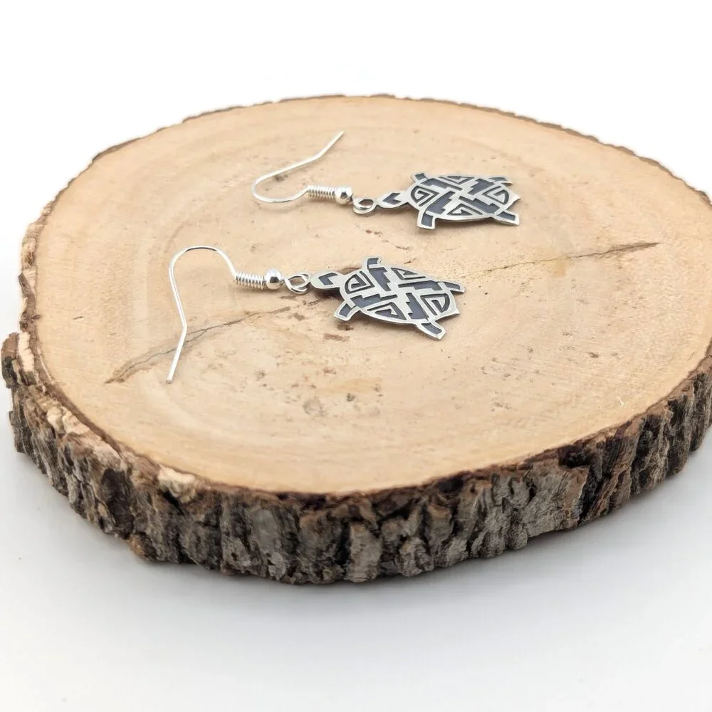 Handcrafted Navajo Turtle Overlay Dangle Earrings Native American Jewelry***‎